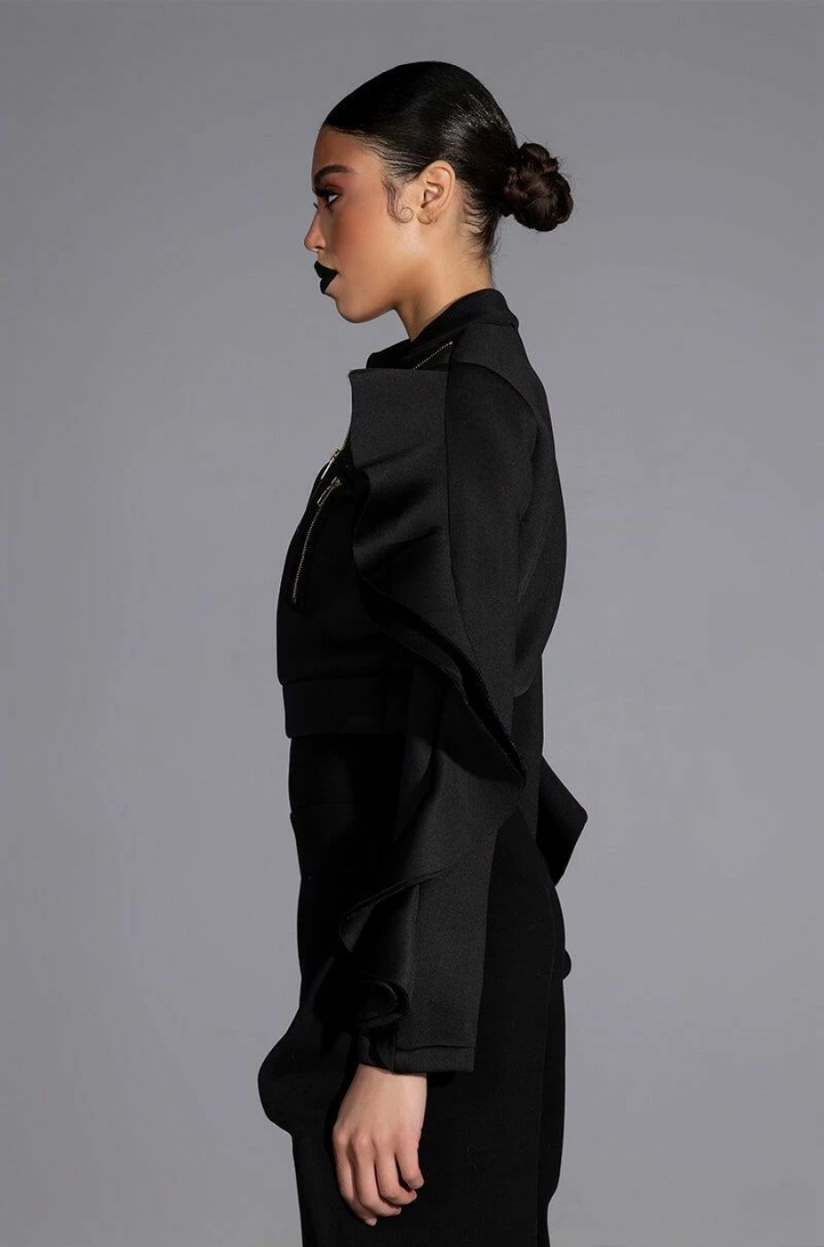 Tops * | Ready For Anything Statement Sleeve Zippered Scuba Top Black