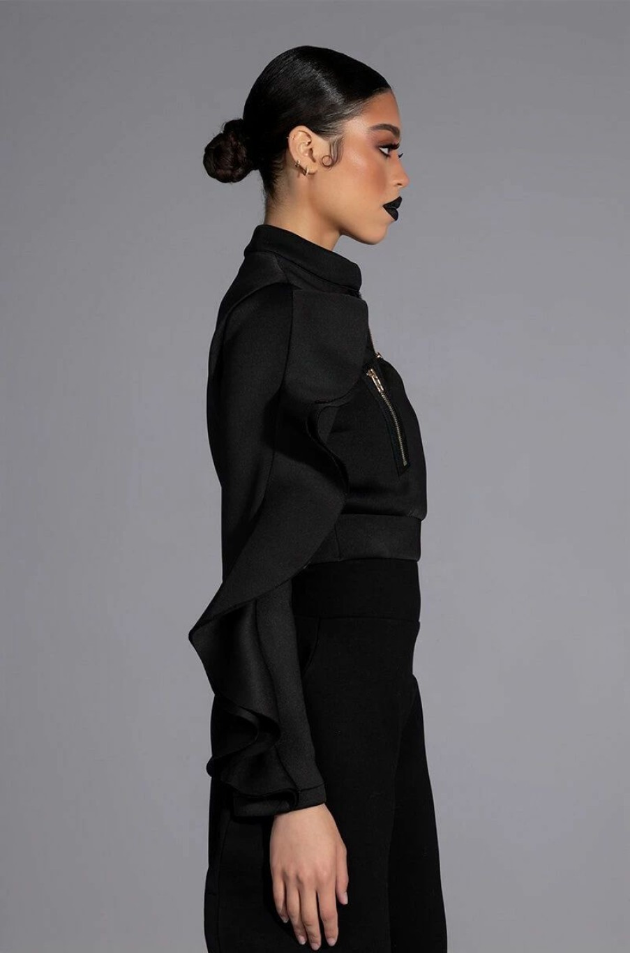 Tops * | Ready For Anything Statement Sleeve Zippered Scuba Top Black