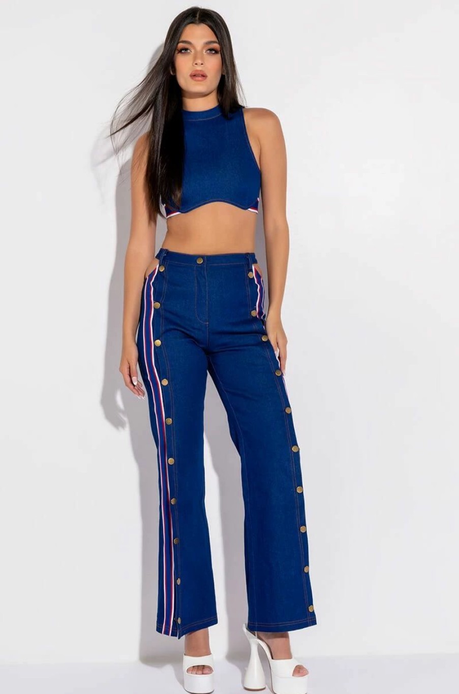 Two Piece Sets * | Run It Up Cropped Denim Top Dark Blue Denim