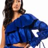 Long Sleeve Tops * | Kamila One Shoulder Stretch Taffeta Cropped Blouse Blue