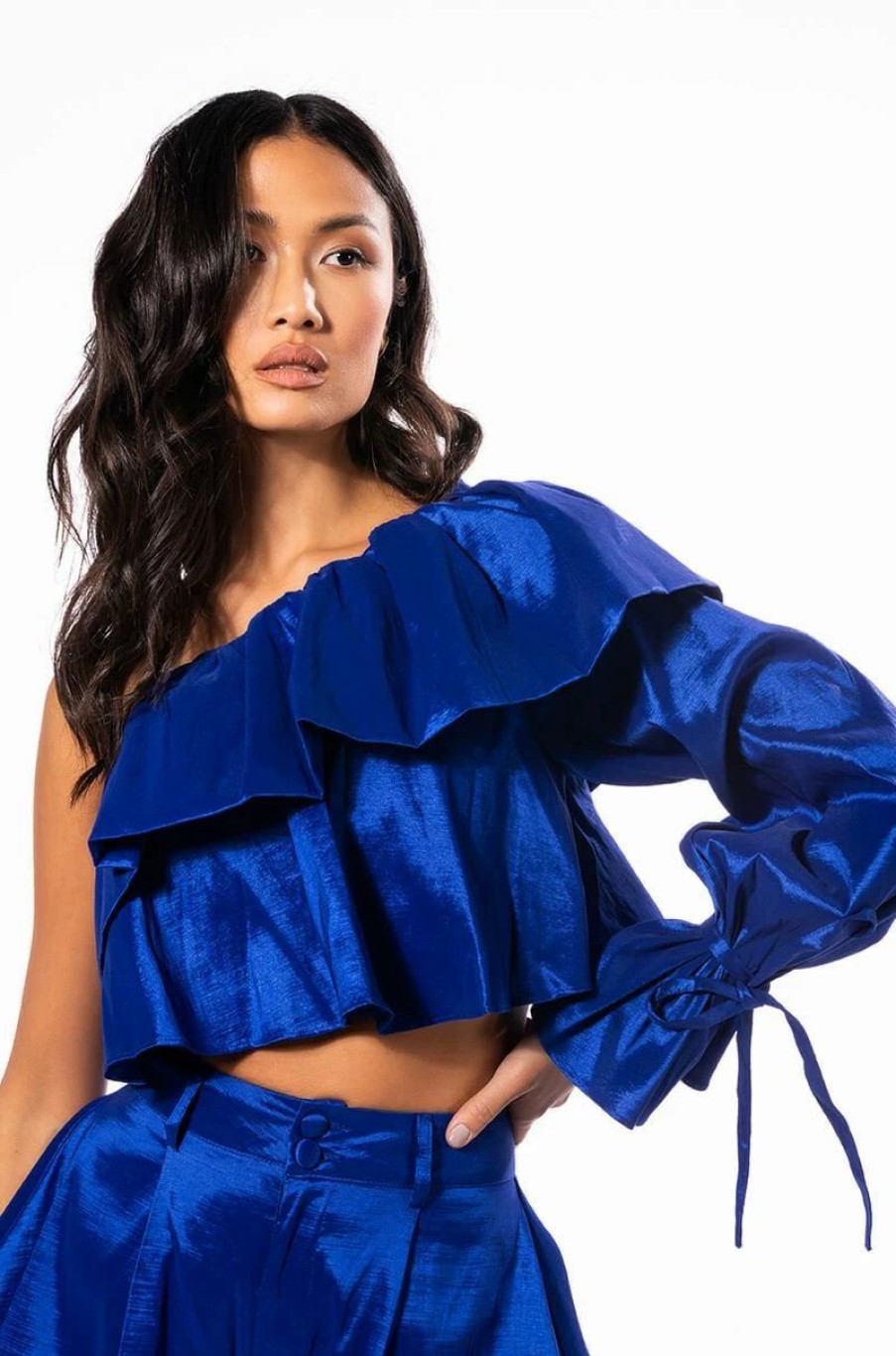 Long Sleeve Tops * | Kamila One Shoulder Stretch Taffeta Cropped Blouse Blue