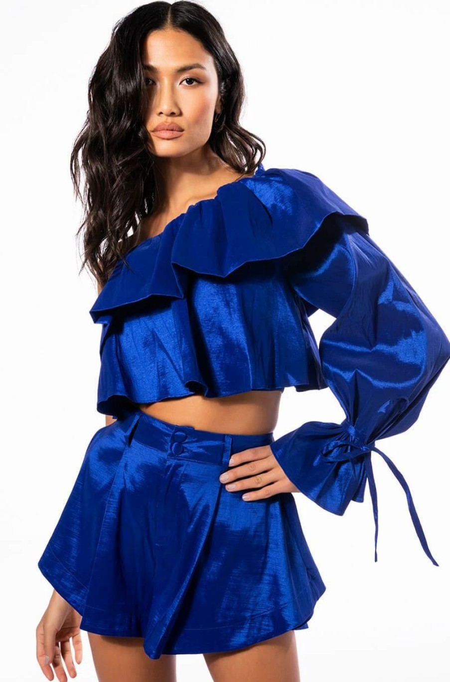 Long Sleeve Tops * | Kamila One Shoulder Stretch Taffeta Cropped Blouse Blue