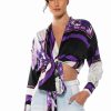 Long Sleeve Tops * | Colorful Tie Front Satin Blouse Purple Multi