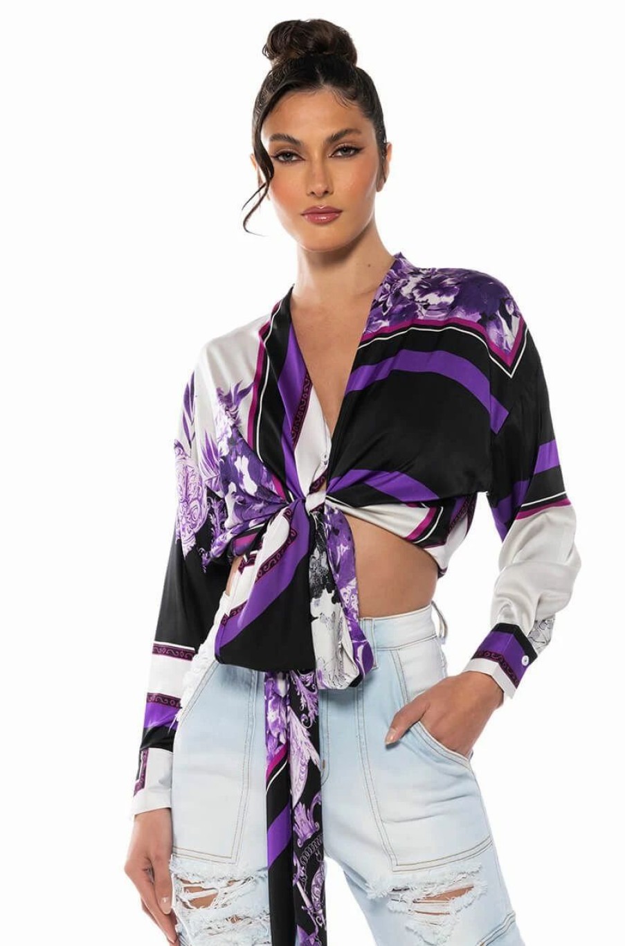 Long Sleeve Tops * | Colorful Tie Front Satin Blouse Purple Multi