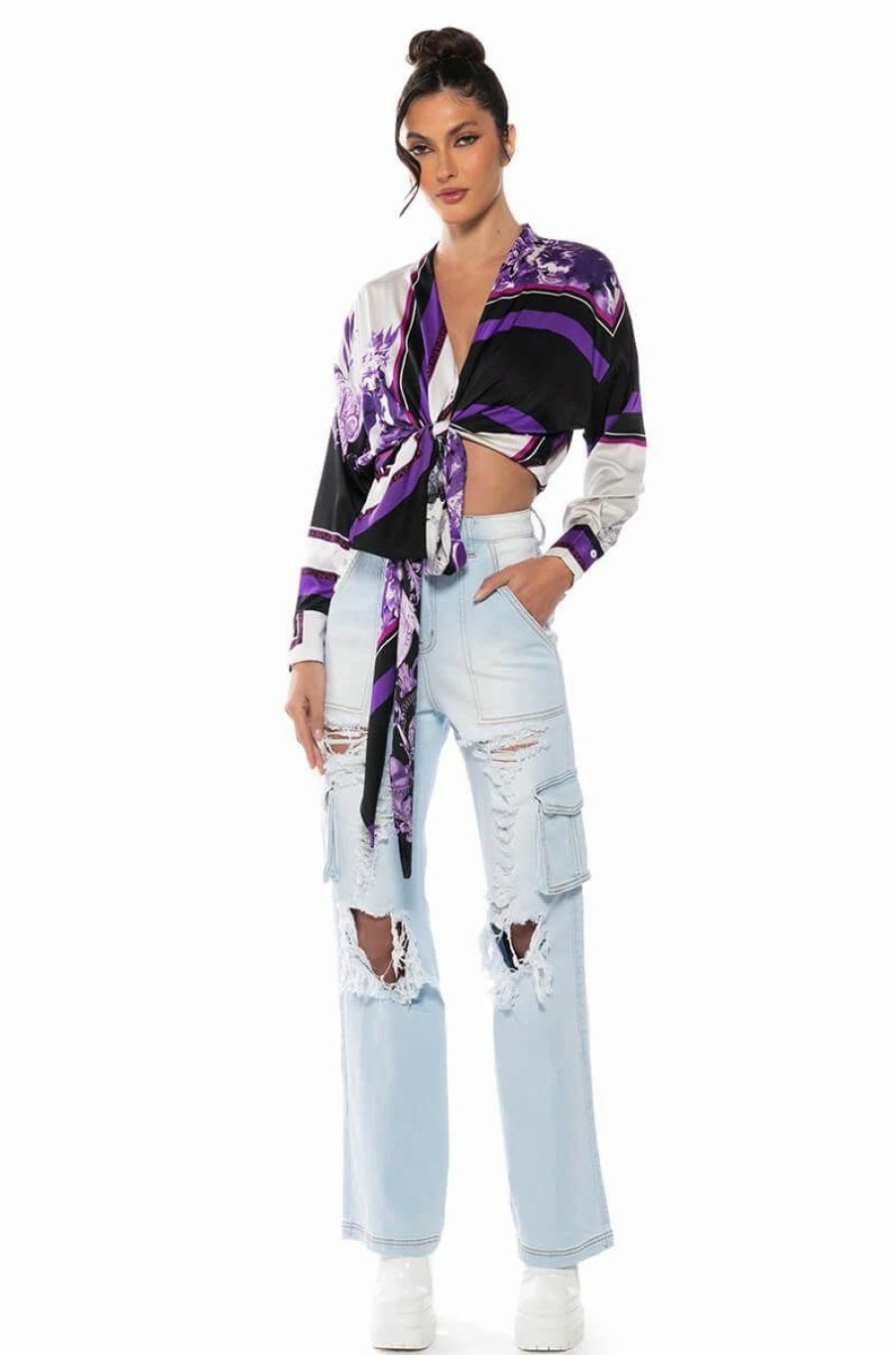 Long Sleeve Tops * | Colorful Tie Front Satin Blouse Purple Multi