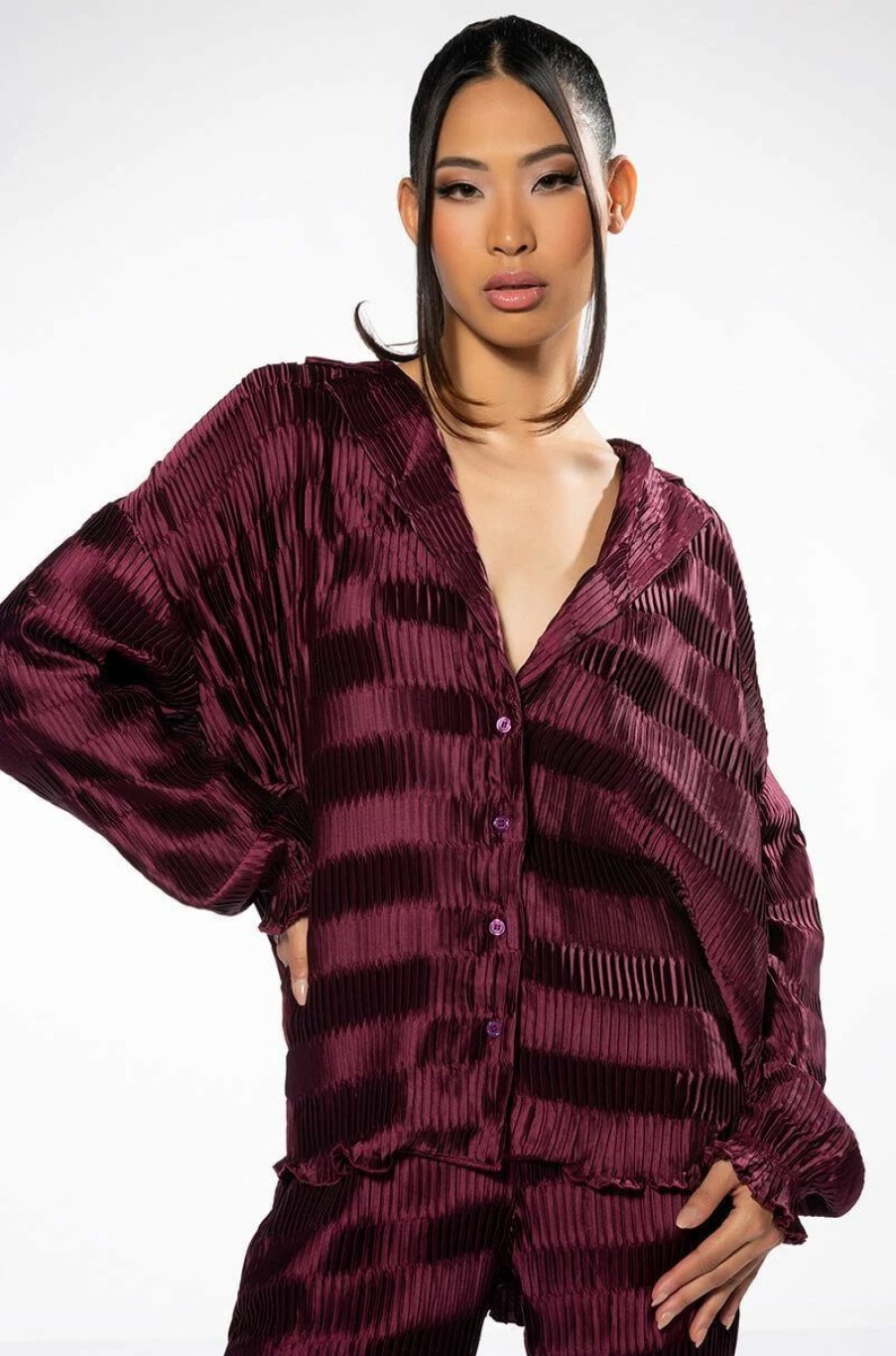 Long Sleeve Tops * | Crinkle Satin Long Sleeve Button Down Blouse Dark Purple