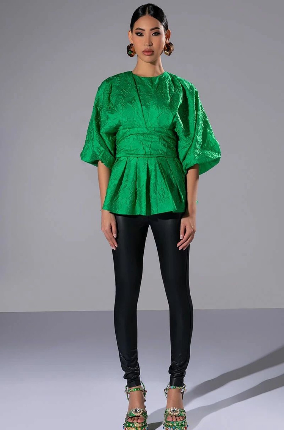 Long Sleeve Tops * | Ladies Who Lunch High Neck Statement Sleeve Blouse Green