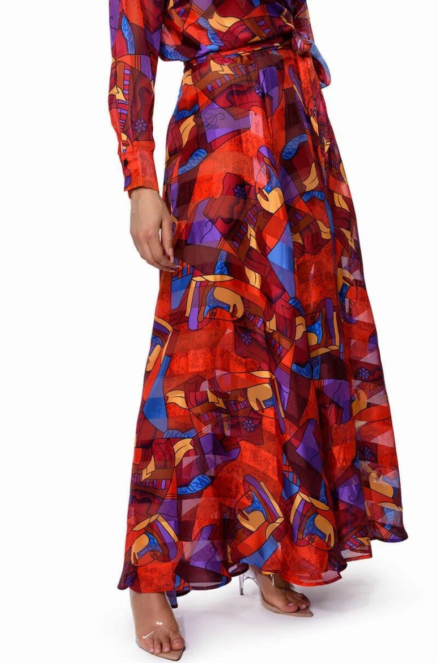 Two Piece Sets * | Aesthetic Scarf Print Maxi Skirt Red Multi