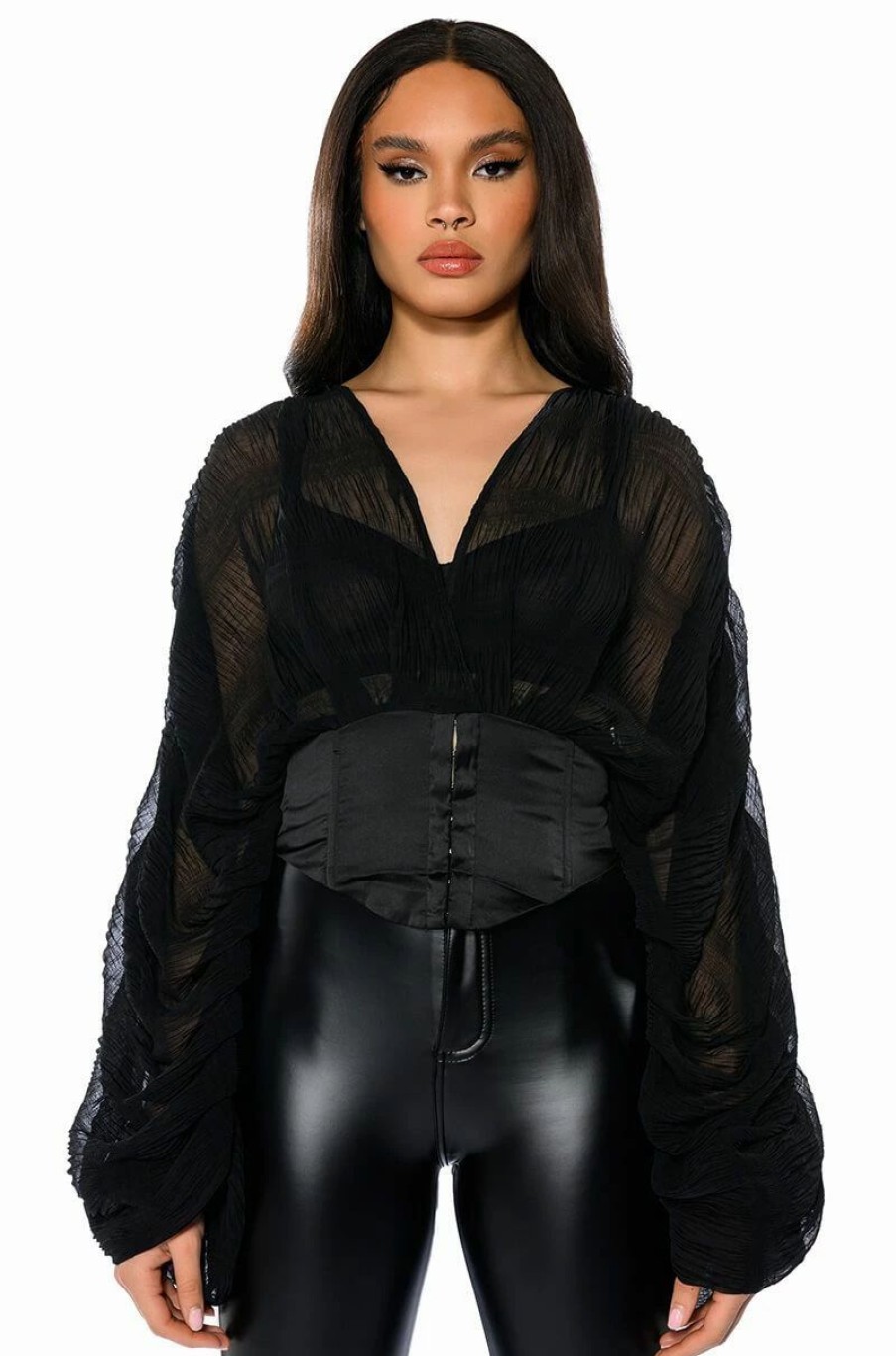 Long Sleeve Tops * | Leilani Corset Detail Blouse Black