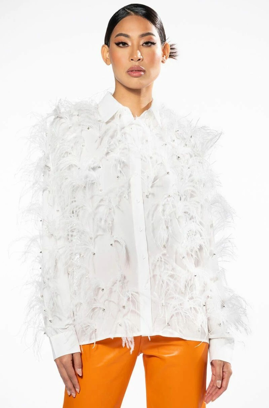 Long Sleeve Tops * | Zsa Zsa All Over Feather Button Down Blouse White