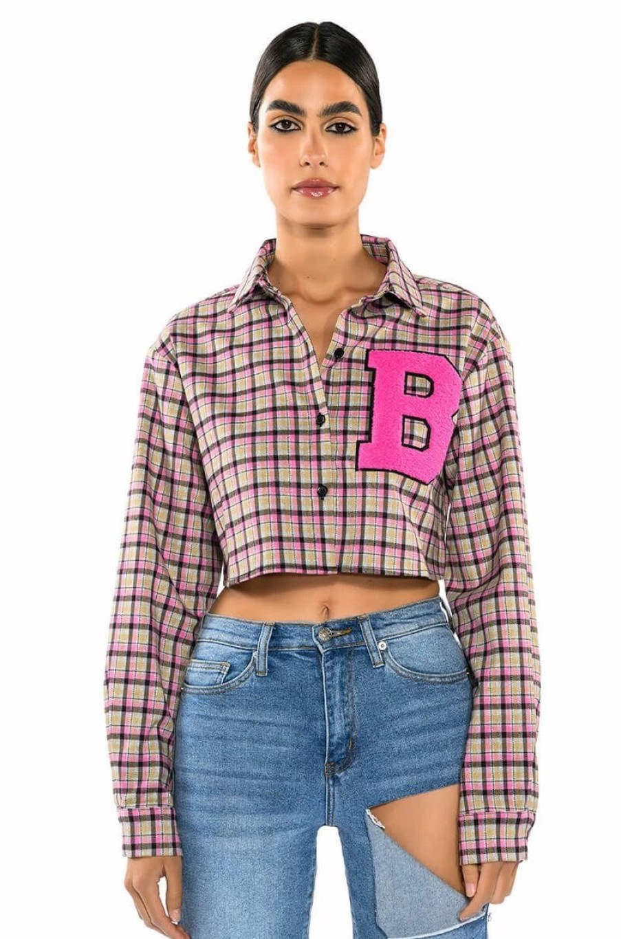 Long Sleeve Tops * | Plaid B Long Sleeve Blouse Pink Multi