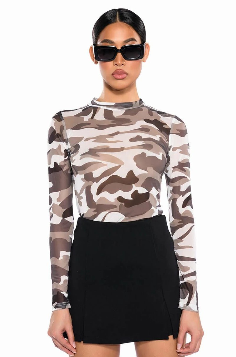 Long Sleeve Tops * | Find Me Camo Mesh Bodysuit Black White