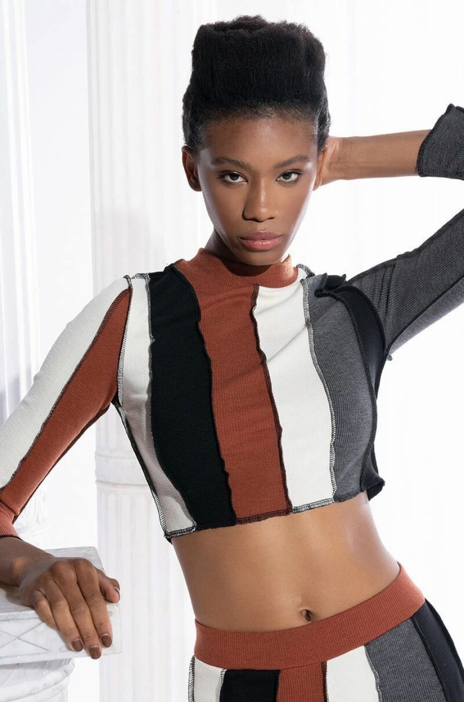 Long Sleeve Tops * | All Day Contrast Trim Turtleneck Tee Brown Multi