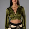 Long Sleeve Tops * | Thinking About Forever Cropped Satin Button Down Olive