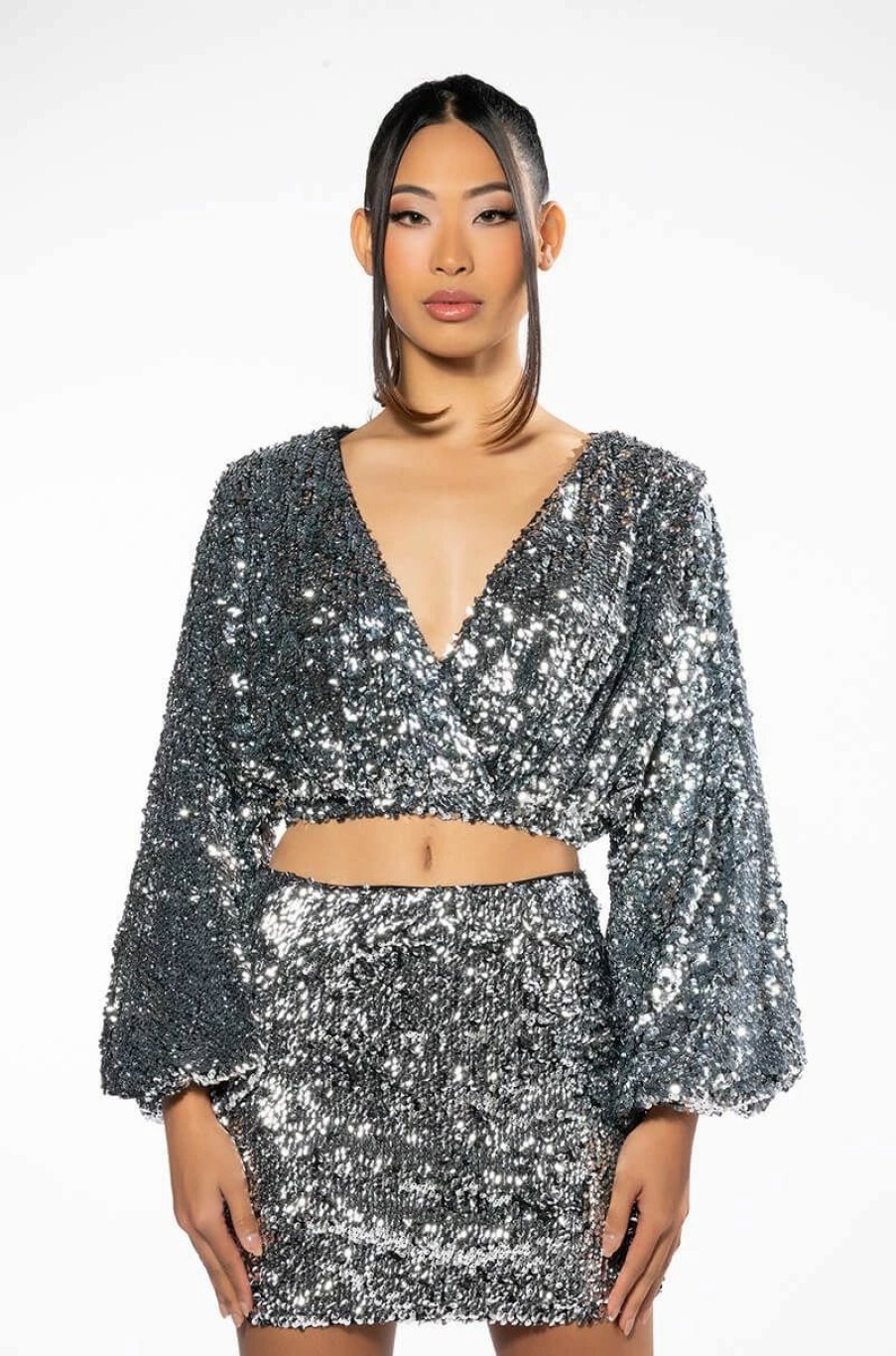 Long Sleeve Tops * | Viva Las Vegas Long Sleeve Cropped Wrap Blouse Silver