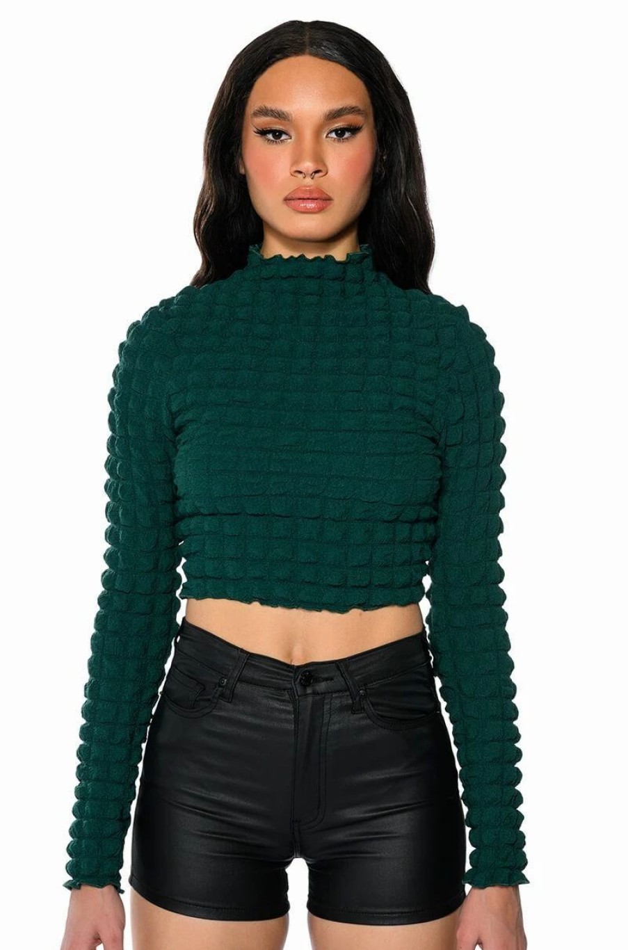 Long Sleeve Tops * | Anything But Basic Textured Long Sleeve Top Dark Green