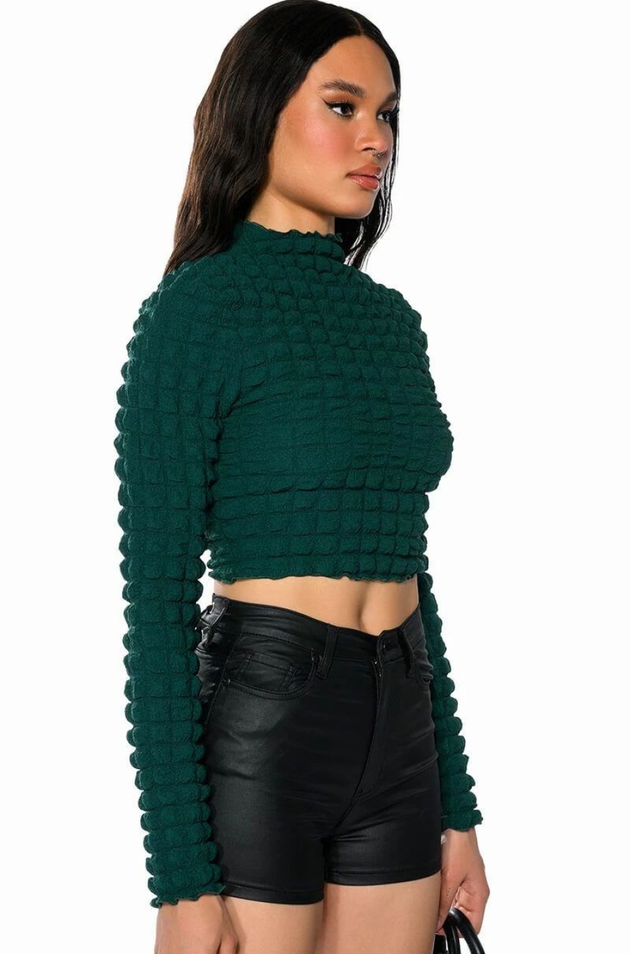 Long Sleeve Tops * | Anything But Basic Textured Long Sleeve Top Dark Green