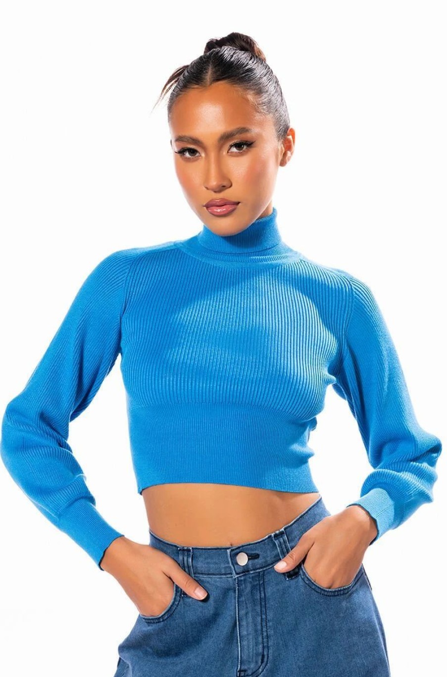 Long Sleeve Tops * | Sage Cropped Turtleneck Sweater Blue