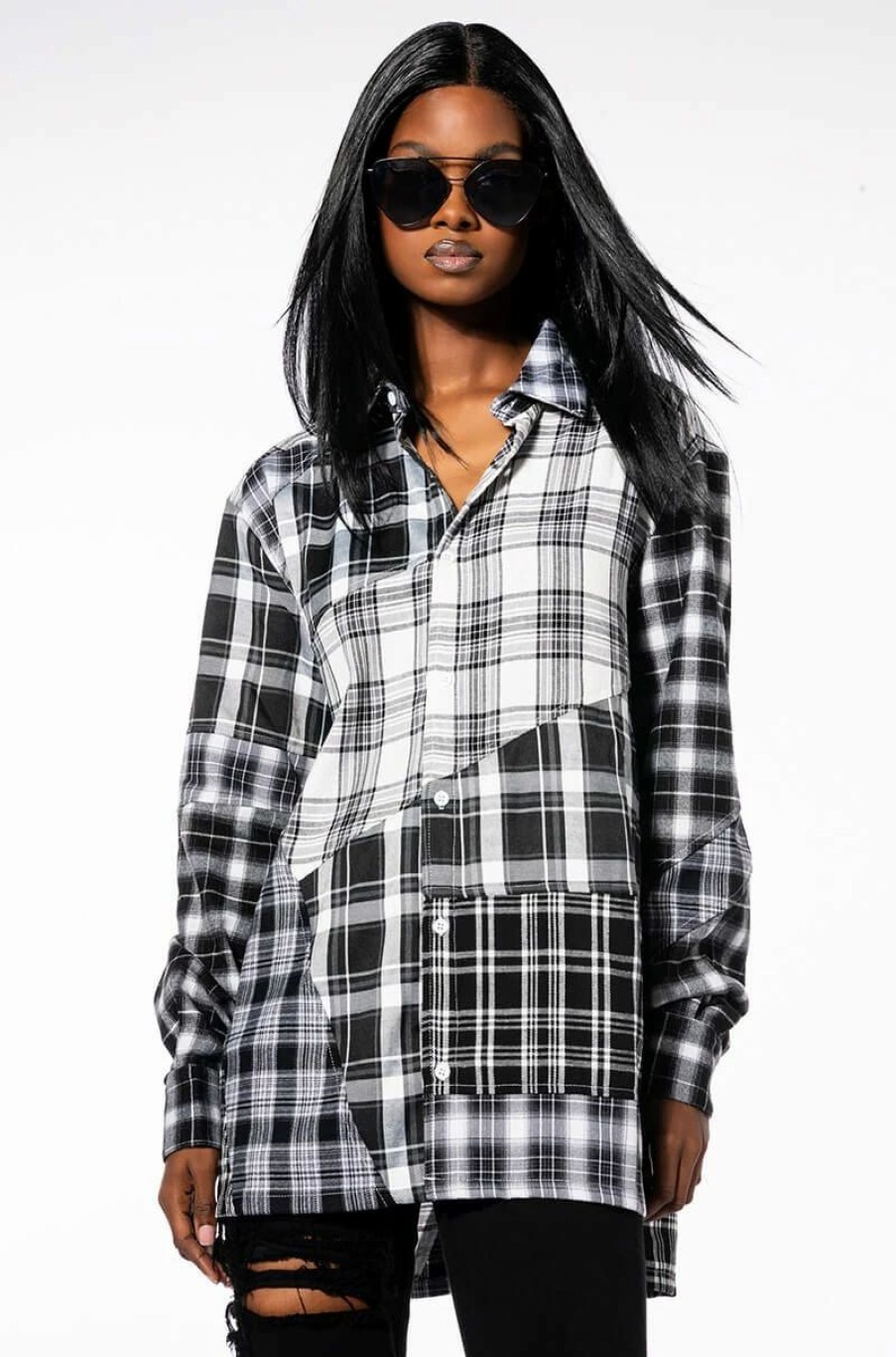 Long Sleeve Tops * | Serving Plaid Button Down Blouse Black Multi