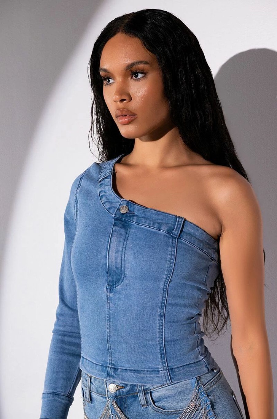 Long Sleeve Tops * | Can'T Deny One Sleeve Denim Top Medium Blue Denim