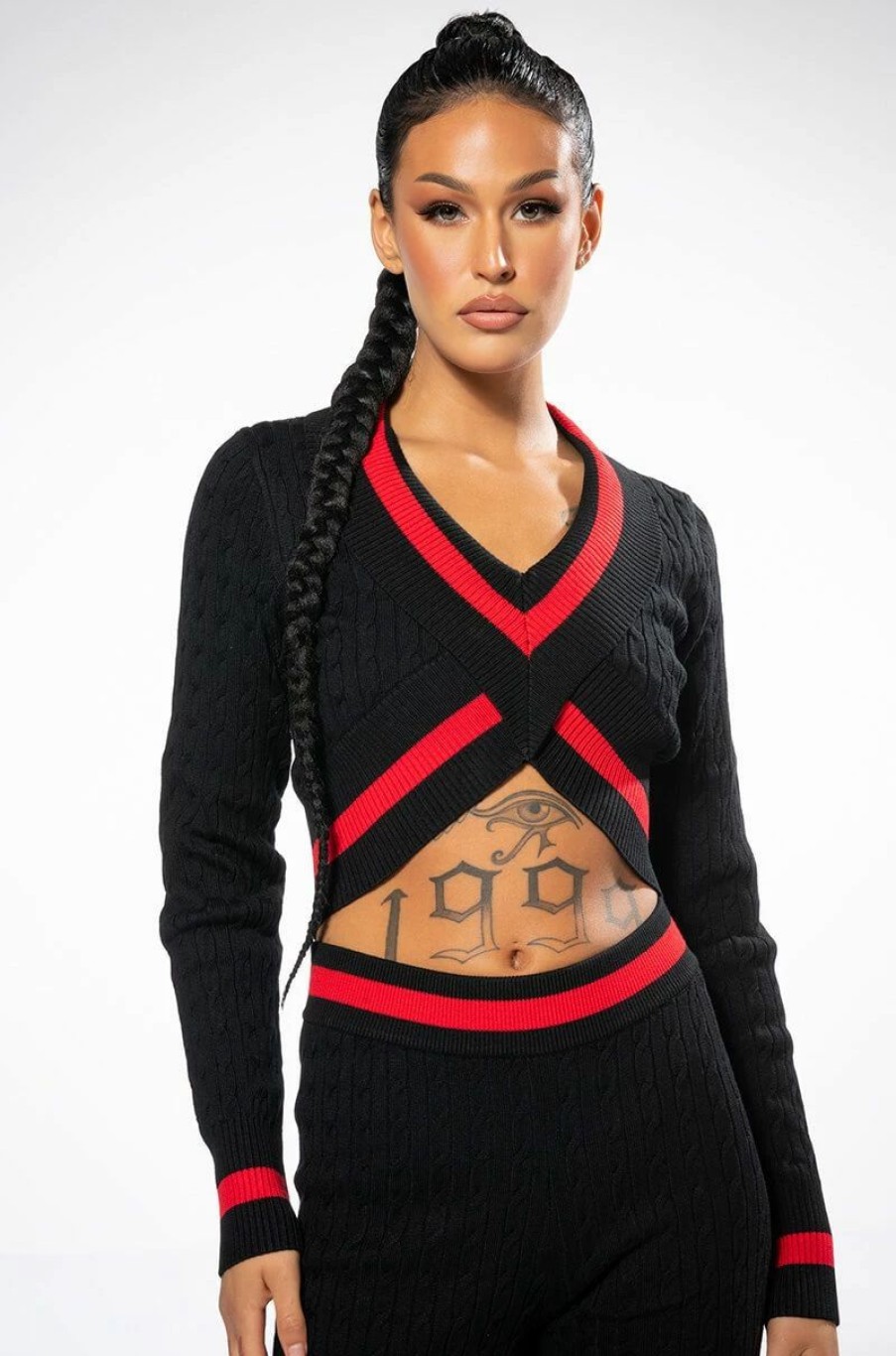 Long Sleeve Tops * | One Love Stripe Sweater Crop Top Red Multi