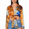 Long Sleeve Tops * | Audrey Printed Tie Front Blouse Orange Multi