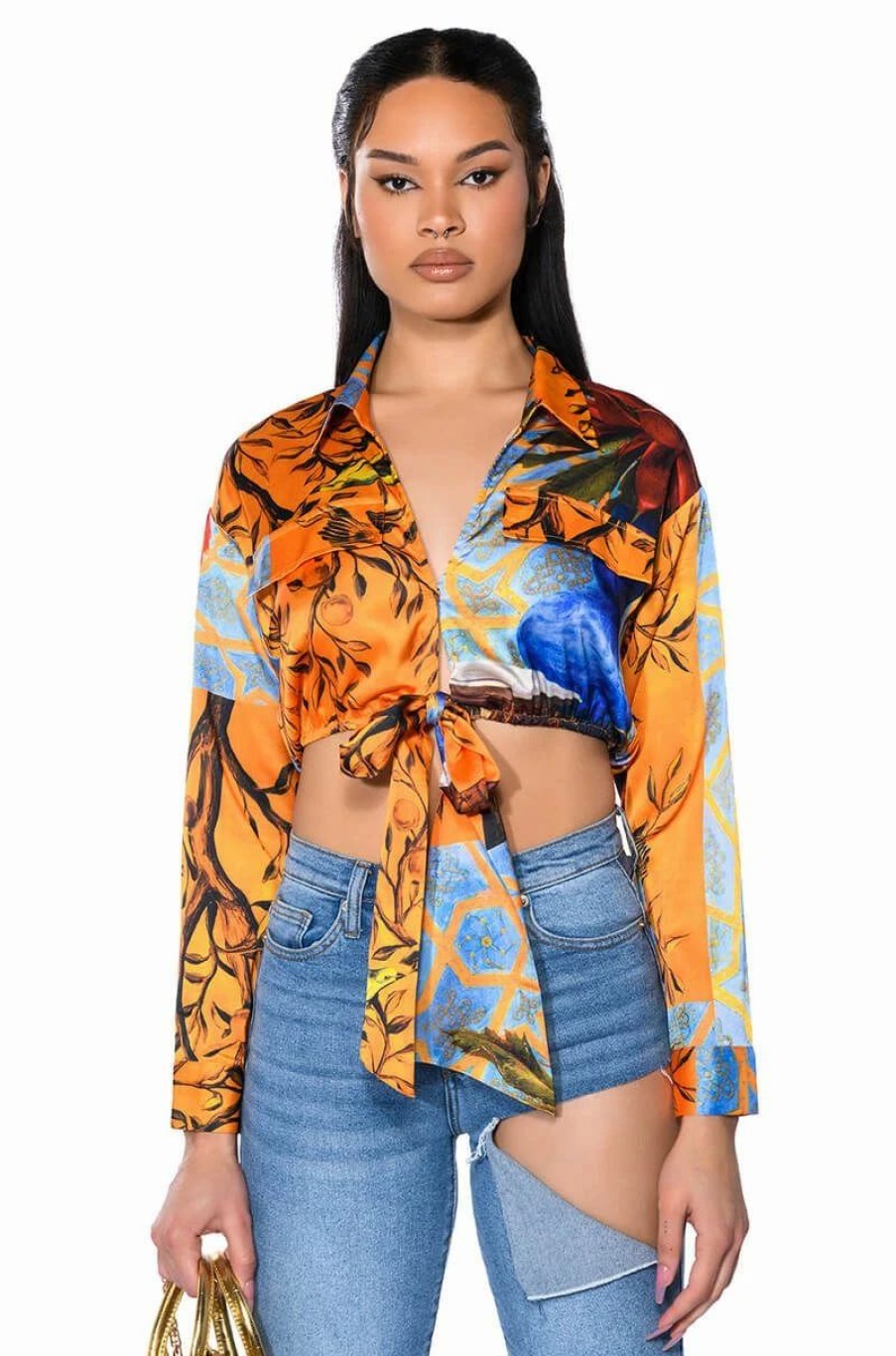 Long Sleeve Tops * | Audrey Printed Tie Front Blouse Orange Multi