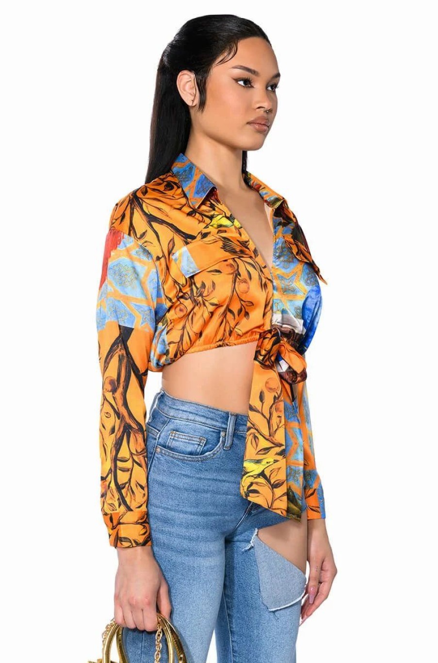 Long Sleeve Tops * | Audrey Printed Tie Front Blouse Orange Multi