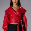 Moto Jackets * | The Drama Wide Collar Belted Crop Moto Red