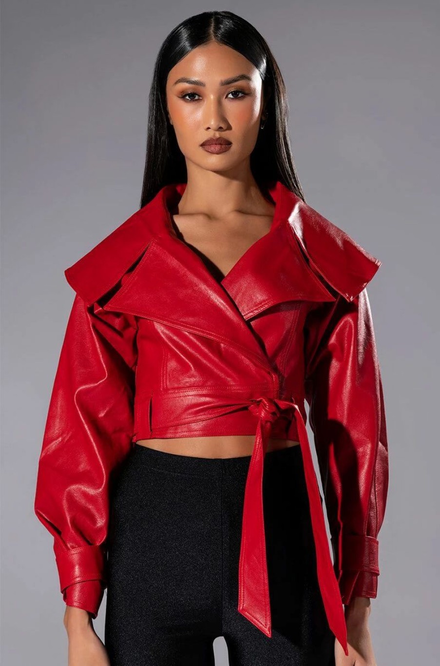 Moto Jackets * | The Drama Wide Collar Belted Crop Moto Red