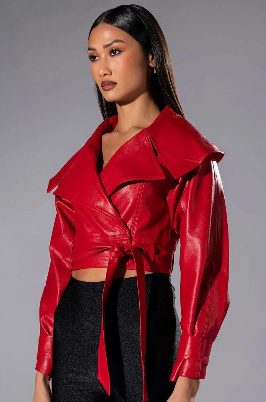 Moto Jackets * | The Drama Wide Collar Belted Crop Moto Red