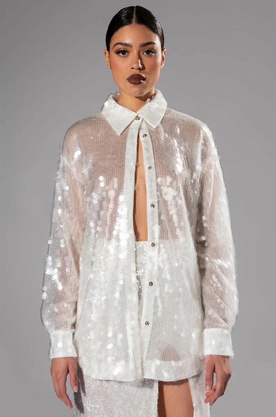 Long Sleeve Tops * | Cold As Ice Sequin Button Down Shirt Ivory