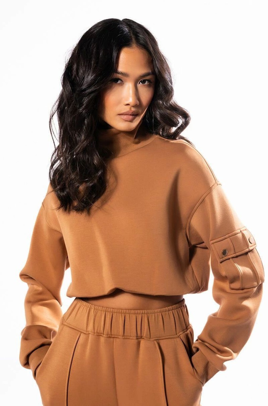 Hoodies And Sweatshirts * | Just A Lover Scuba Mock Neck Sweatshirt Brown