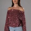 Long Sleeve Tops * | Energy Off The Shoulder Velvet Sequin Sweatshirt Pink