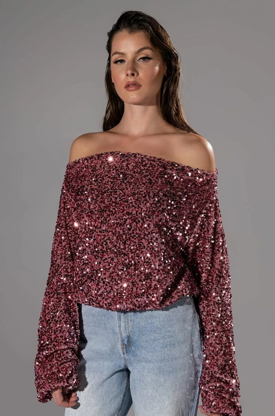 Long Sleeve Tops * | Energy Off The Shoulder Velvet Sequin Sweatshirt Pink