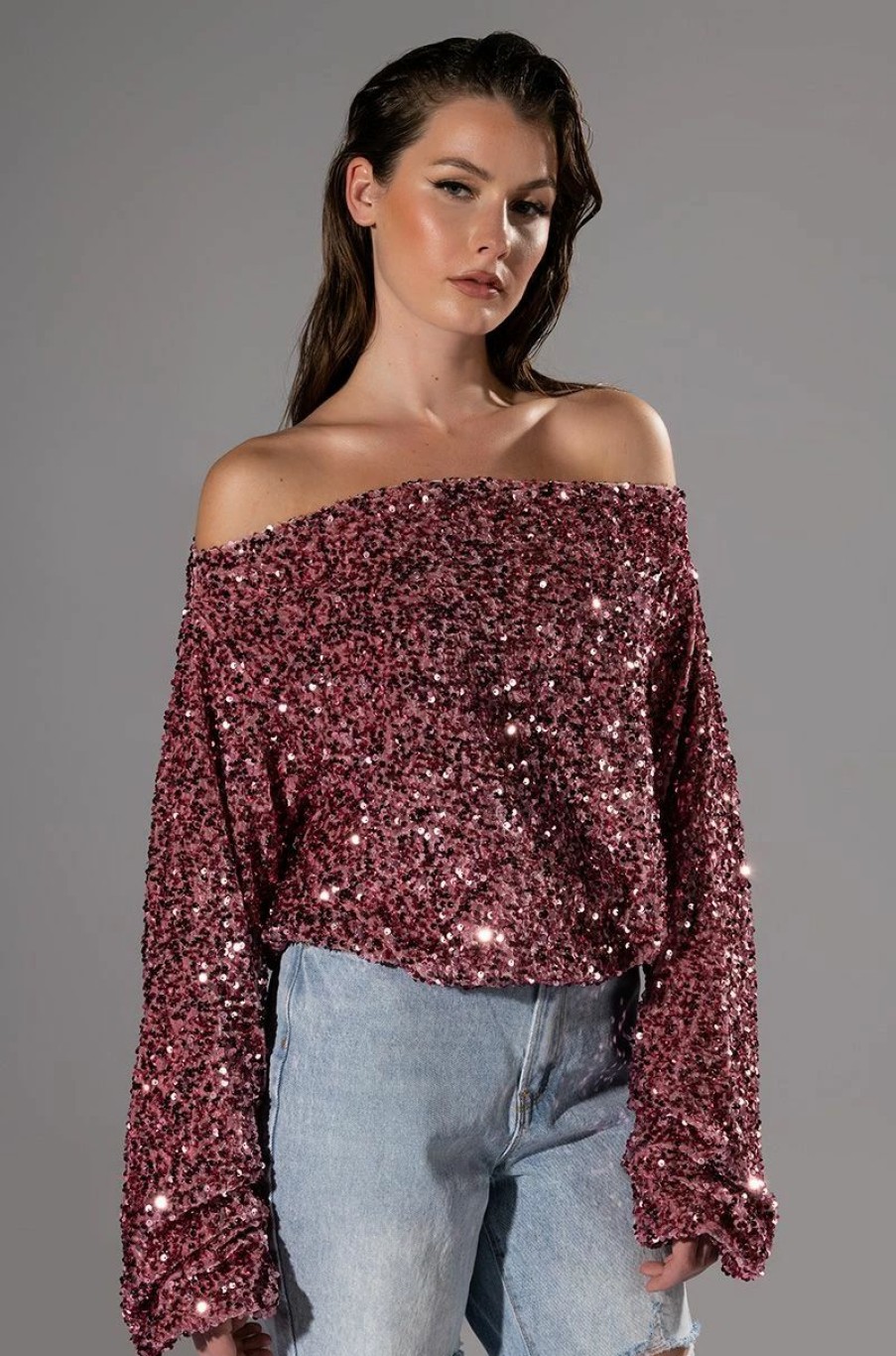 Long Sleeve Tops * | Energy Off The Shoulder Velvet Sequin Sweatshirt Pink