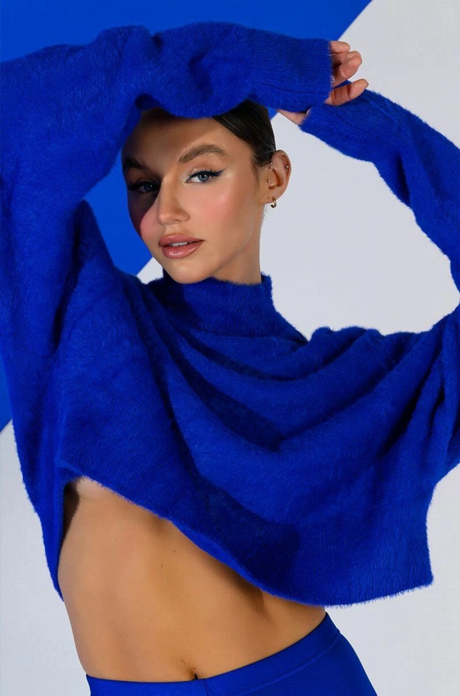 Long Sleeve Tops * | Fifi Fuzzy Knit Oversized Crop Sweater Royal Blue