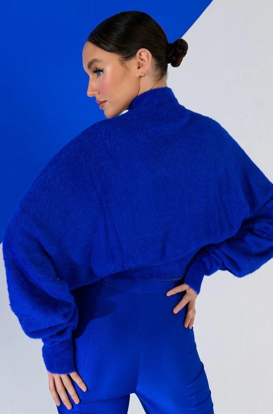 Long Sleeve Tops * | Fifi Fuzzy Knit Oversized Crop Sweater Royal Blue