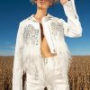 Moto Jackets * | Elevated Elegance Hand Beaded Feather Trim Moto Jacket White