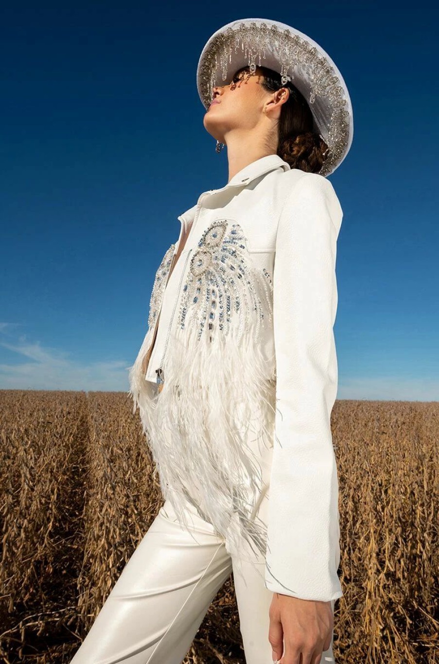 Moto Jackets * | Elevated Elegance Hand Beaded Feather Trim Moto Jacket White