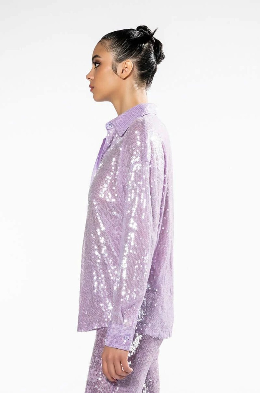 Long Sleeve Tops * | Oh You Fancy Sequin Button Down Blouse Light Purple