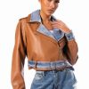 Moto Jackets * | Azalea Wang Double Trouble Denim Moto Jacket Camel