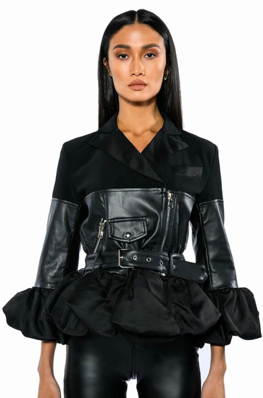 Moto Jackets * | New Beginnings Three Quarter Sleeve Belted Peplum Moto Jacket Black