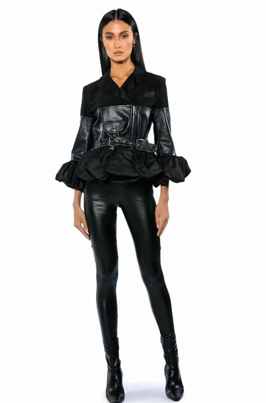 Moto Jackets * | New Beginnings Three Quarter Sleeve Belted Peplum Moto Jacket Black