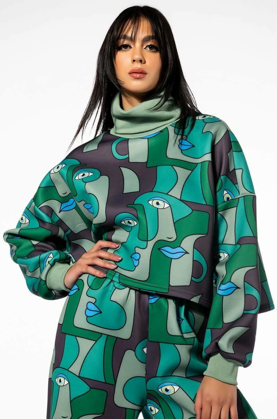 Hoodies And Sweatshirts * | Medusa Turtleneck Scuba Sweatshirt Green Multi