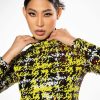 Long Sleeve Tops * | Sweet Escape Sequin Plaid Mock Neck Crop Top Yellow Multi