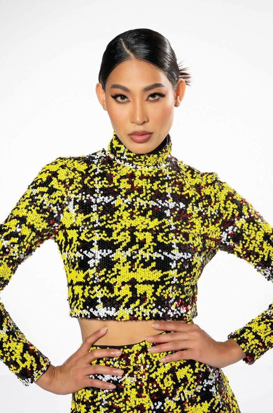 Long Sleeve Tops * | Sweet Escape Sequin Plaid Mock Neck Crop Top Yellow Multi