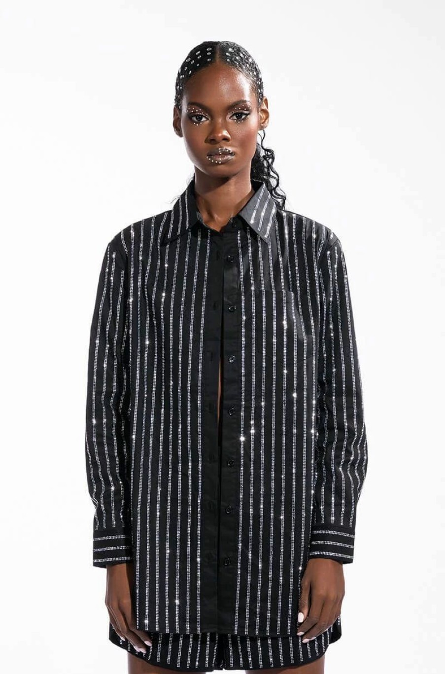 Long Sleeve Tops * | Drippin Rhinestone Pinstripe Button Up Black