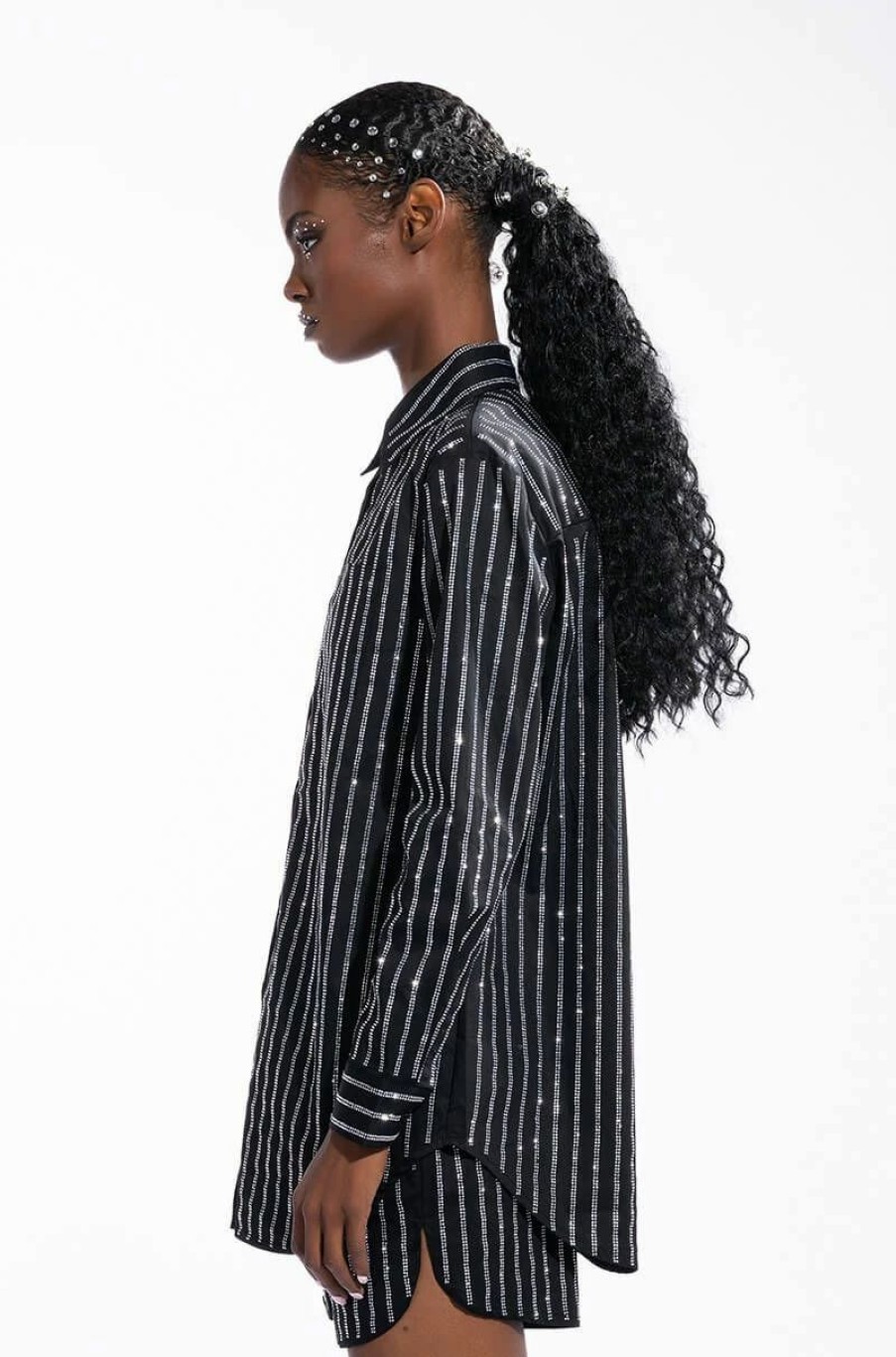 Long Sleeve Tops * | Drippin Rhinestone Pinstripe Button Up Black