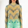 Long Sleeve Tops * | Lasting Impression Long Sleeve Mock Neck Rhinestone Mesh Top Blue Multi